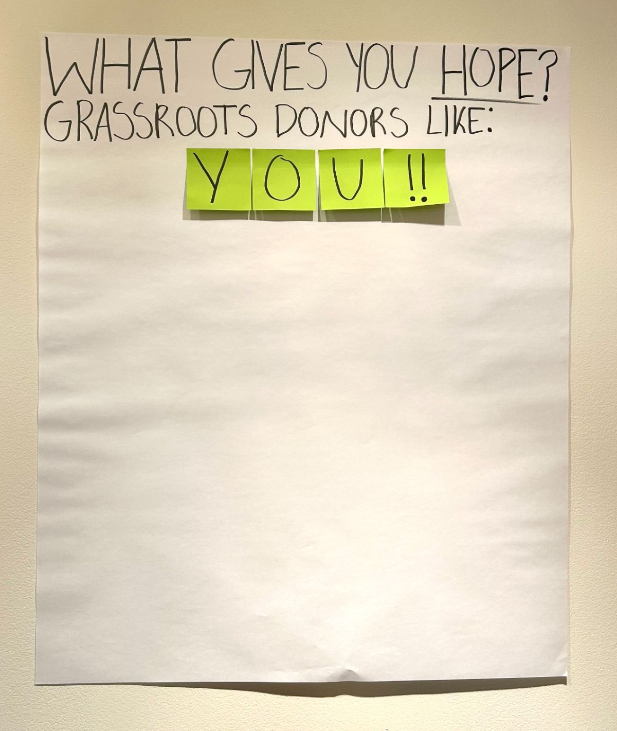 Blank poster with title 'What gives you hope? Grassroots donors like YOU!!!'