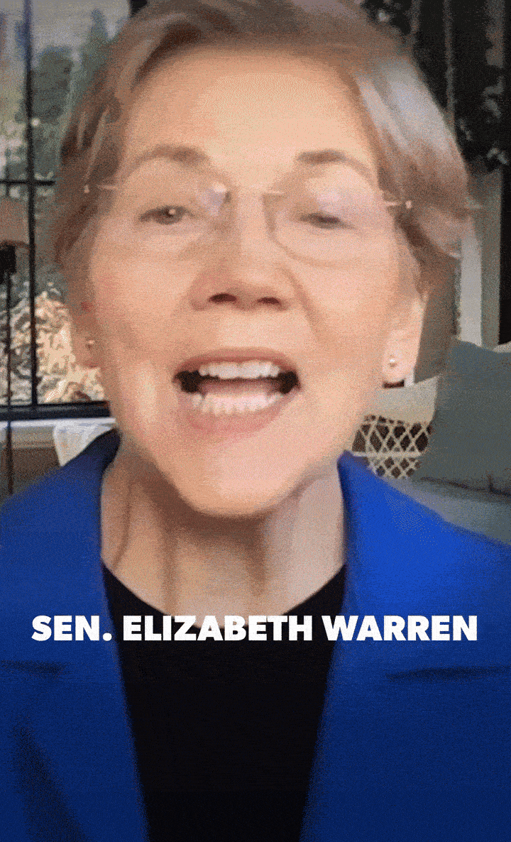 Gif of Senators Elizabeth Warren, Ed Markey, Chris Murphy, Chris Van Hollen, Jeff Merkley, and Martin Heinrich endorsing Peggy